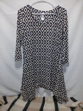 Honeyme Navy & Cream Geometric Print Tunic Top | Soft Stretch Knit | Size M